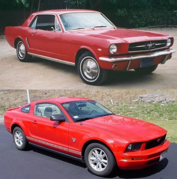 Top 1965 Mustang with single stage finish Bottom 2009 Mustang with a 